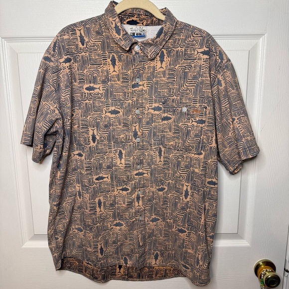Salt Life SLX Tiki Tuna Button Down Fishing Shirt Sunrise Size Mens Large GUC - Picture 1 of 8